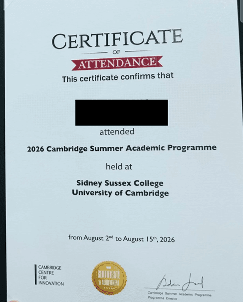 2026 Cambridge Summer Academic Programmeの出席証明書見本